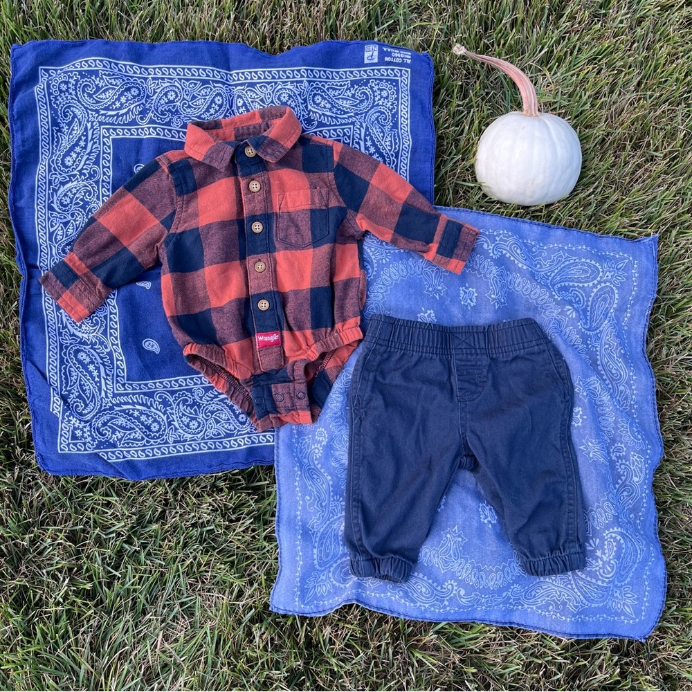 NWOT Wrangler Size 3M Long Sleeve Button Down Plaid & Denim Onesie Matching Set